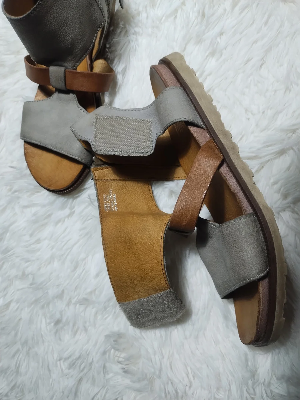 Miz Mooz Gray and Brown Leather Strappy Sandals